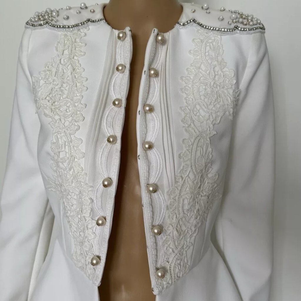 Elisabetta Franchi White Embellished Pearls Crystals Jacket Sz 42 More.Is (928)